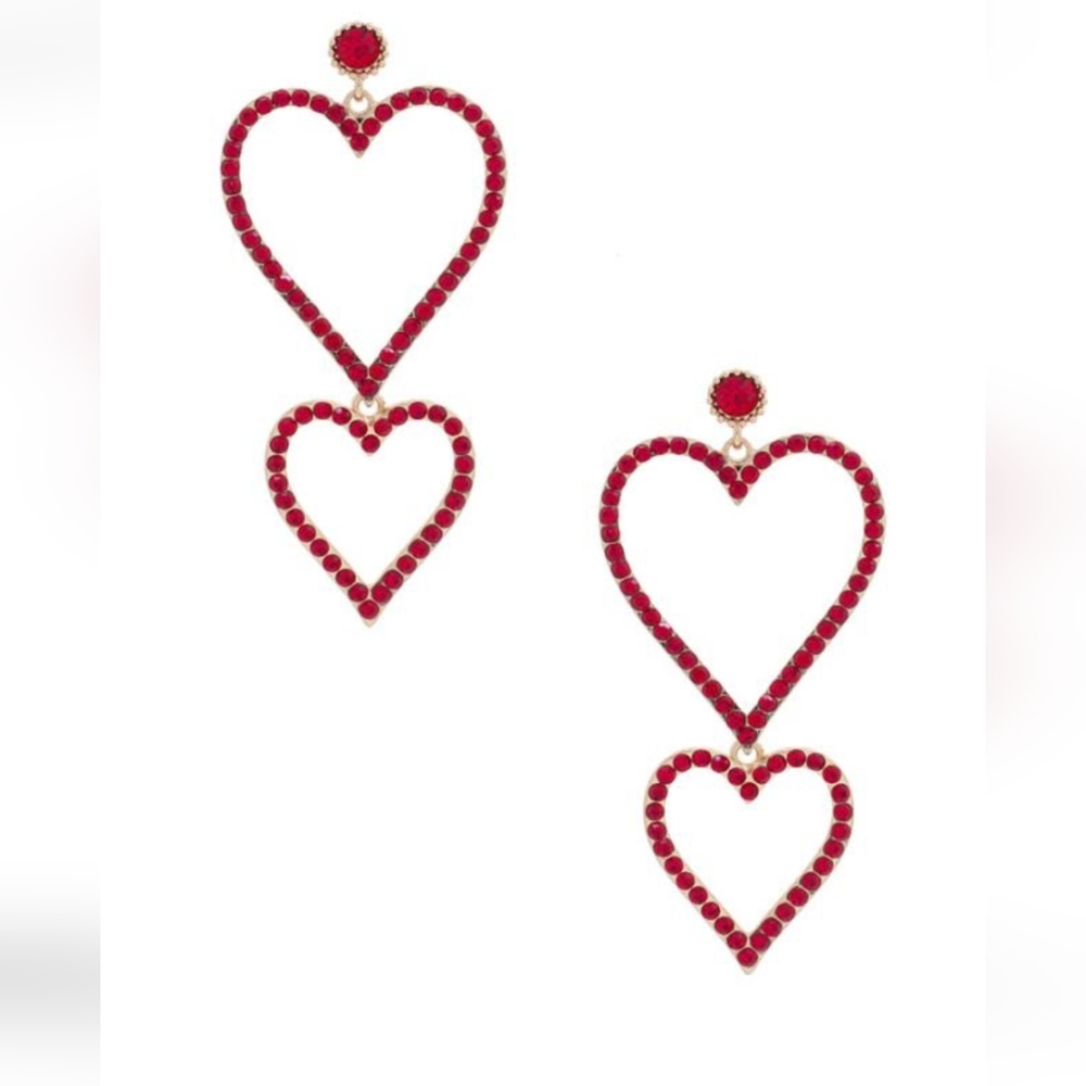 Double red rhinestone hearts Goldtone pierced dangle earrings Love Amour
